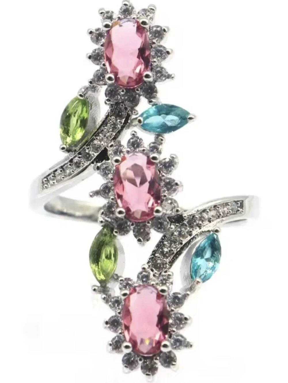 💚🩷NEW💚🩷 STUNNING!! PINK MORGANITE, AQUAMARINE, PERIDOT & CZ'S Ring